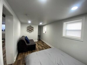 1 bedroom, desk, iron/ironing board, travel cot