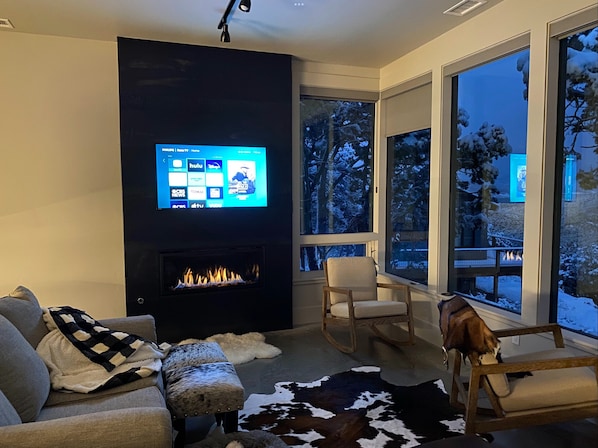 Smart TV, fireplace, books, stereo
