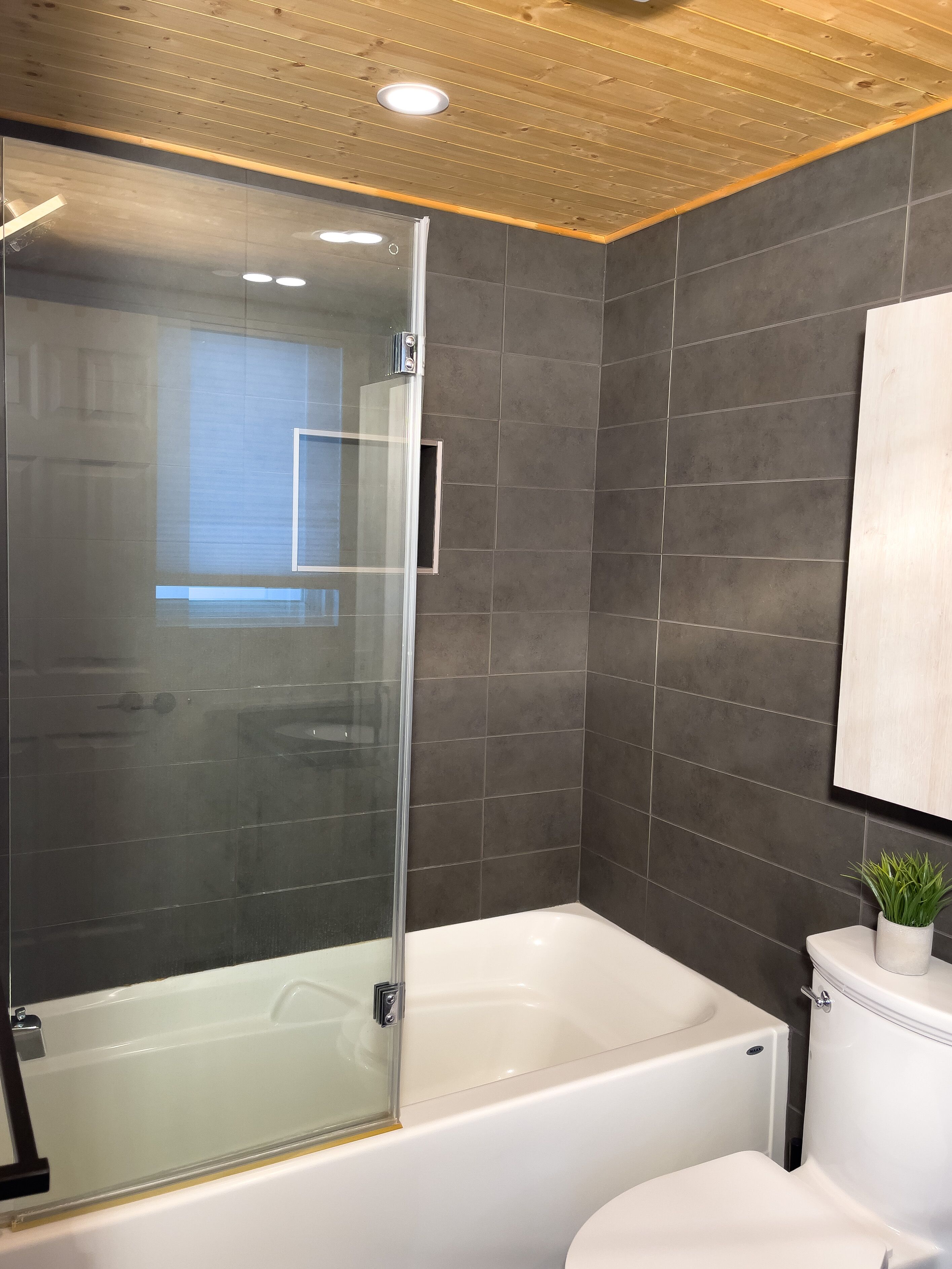 A modern bathroom with a glass-enclosed shower, a white bathtub, and a toilet.