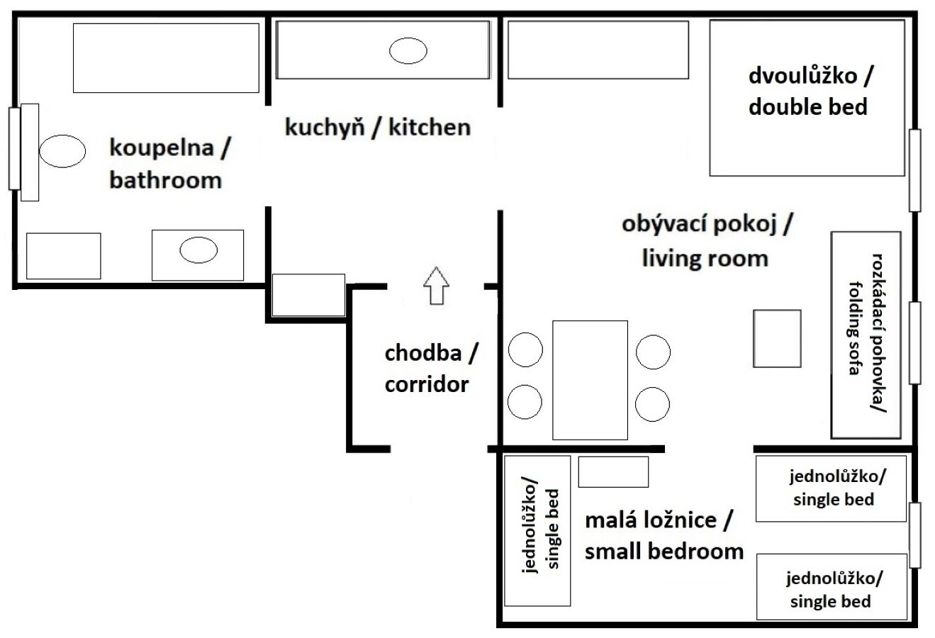 Plattegrond met keuken, een tweepersoonsbed, een eenpersoonsbed, een kleine slaapkamer en een woonkamer.