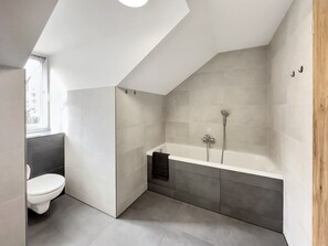 Hair dryer, towels, soap, shampoo
