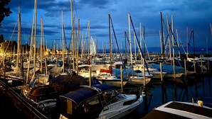 A marina with numerous boats docked, surrounded by a calm body of water, under a cloudy sky.