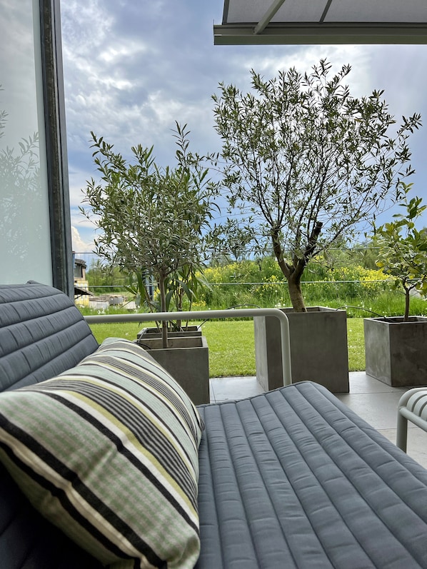 A modern outdoor seating area with a view of a garden and a tree.