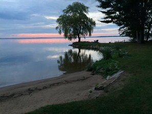 On the beach, sun-loungers