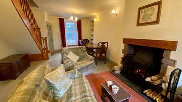 Télévision, cheminée, livres