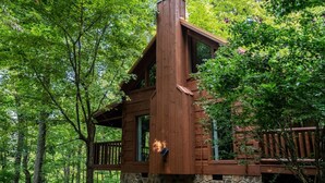Une cabane en bois, construite sur des fondations en pierre, et entourée d’une forêt dense.