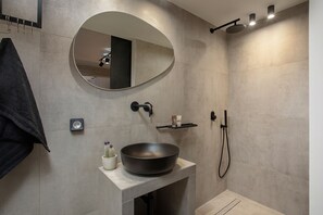 Chuveiro, secador de cabelo, toalhas de banho, sabonete