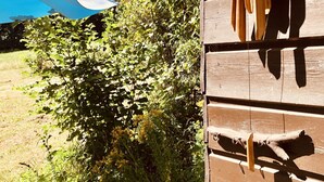 Une structure en bois avec un objet suspendu et un parapluie bleu en arrière-plan.