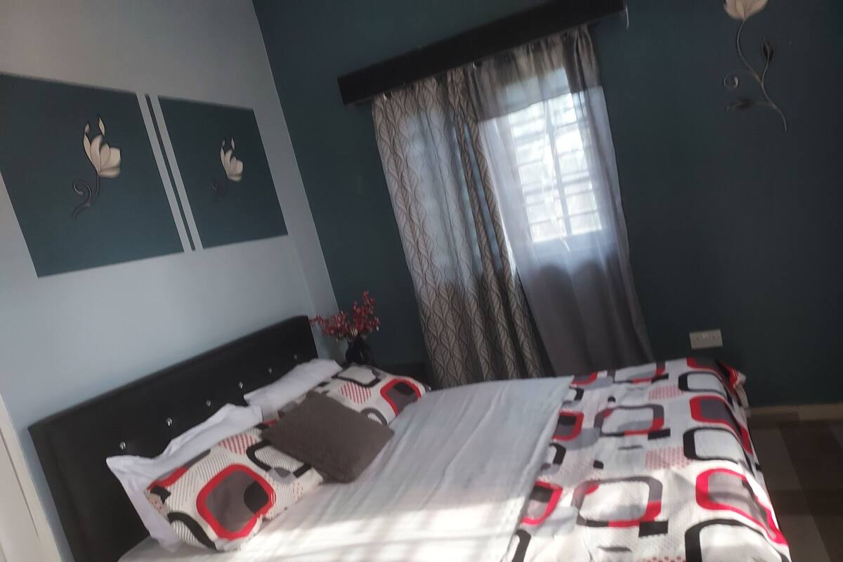 Une chambre à coucher avec un lit, une fenêtre avec des rideaux et des œuvres d’art murales.
