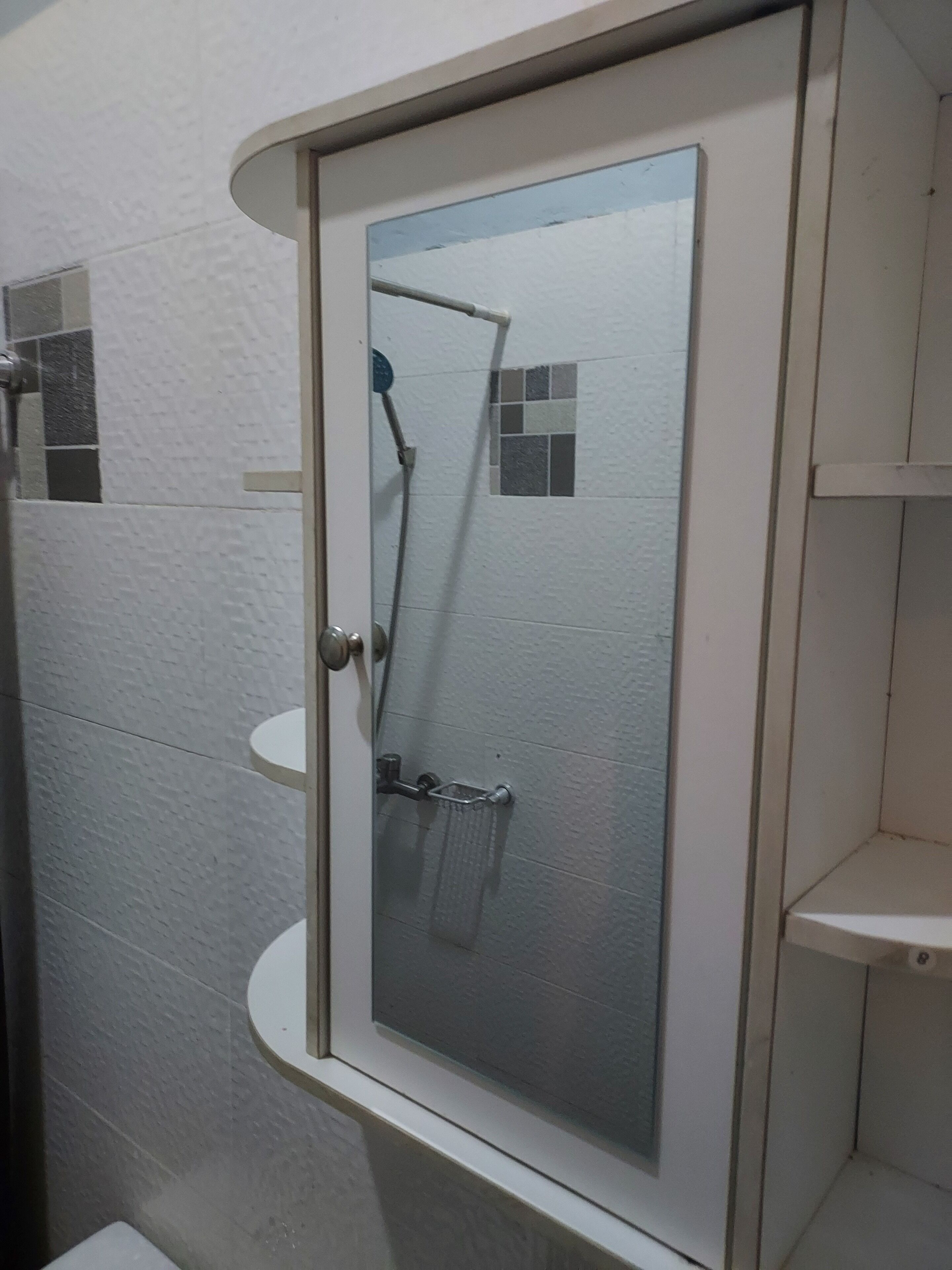 A glass-enclosed shower stall with a showerhead and a towel rack.