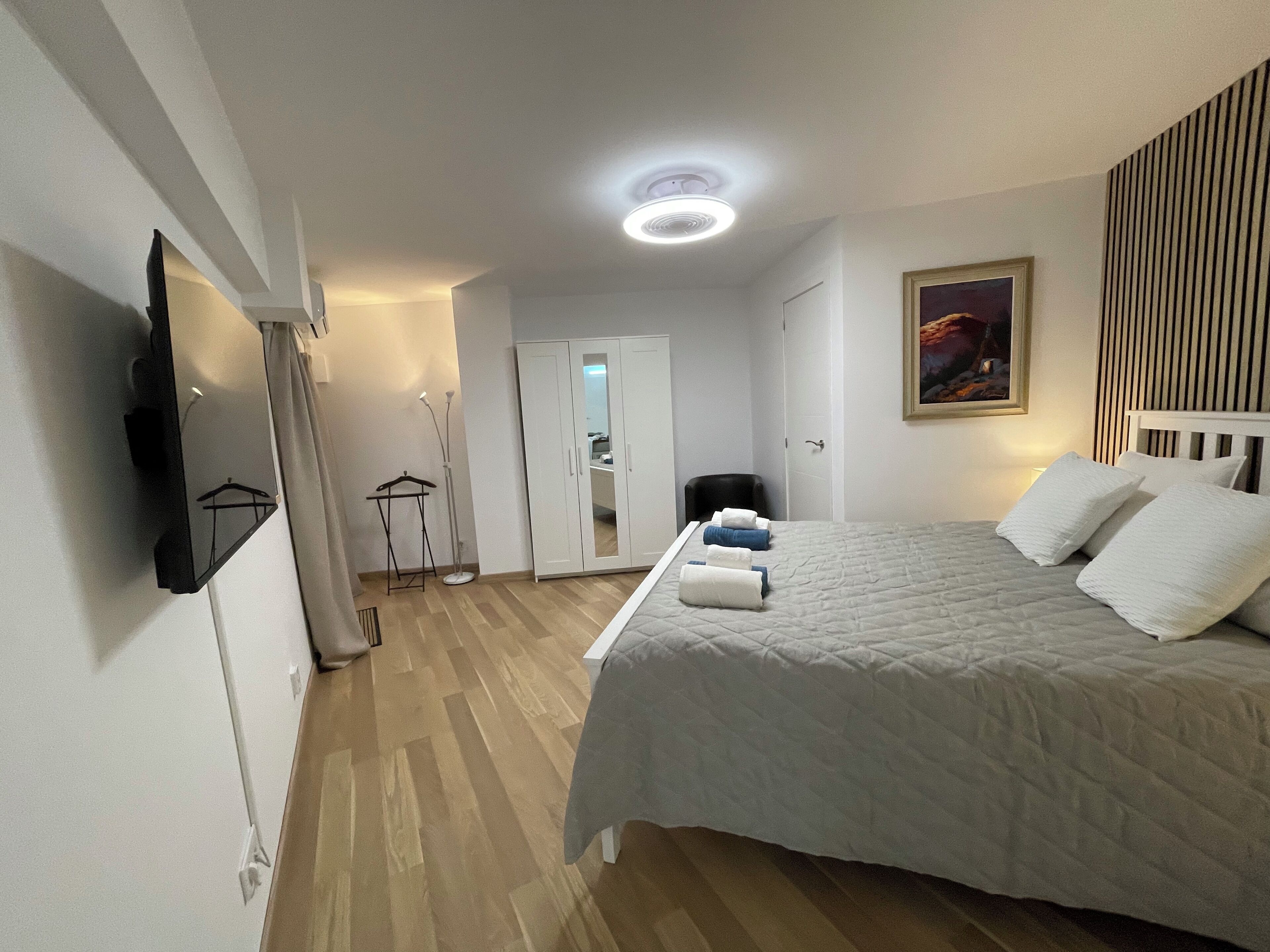 Un dormitorio con cama, armario, espejo, un cuadro y una lámpara en el techo.