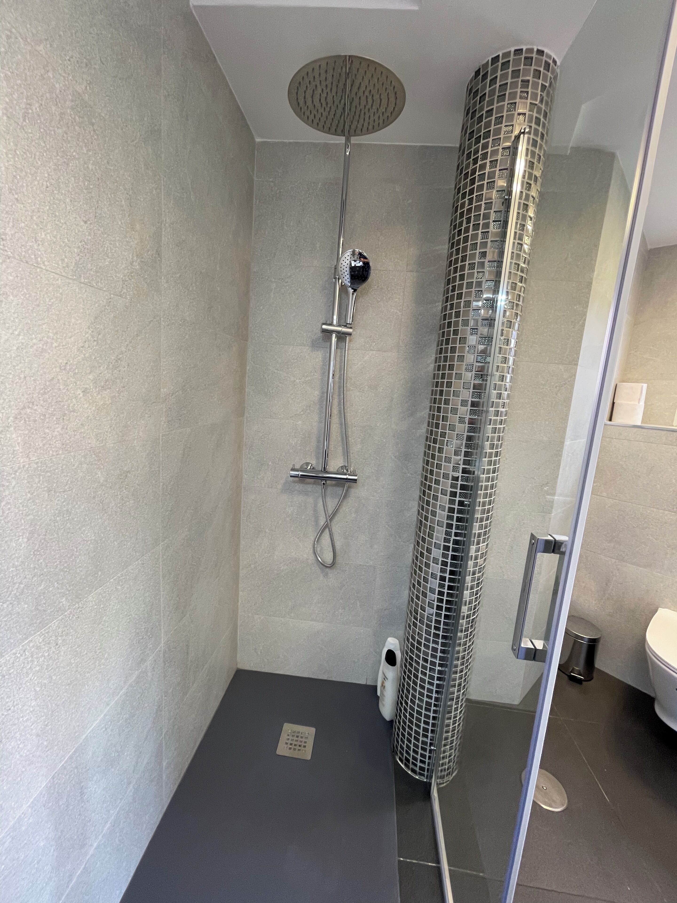 Un baño moderno con ducha envuelta en vidrio, pared con azulejos y un inodoro visible a través del vidrio.