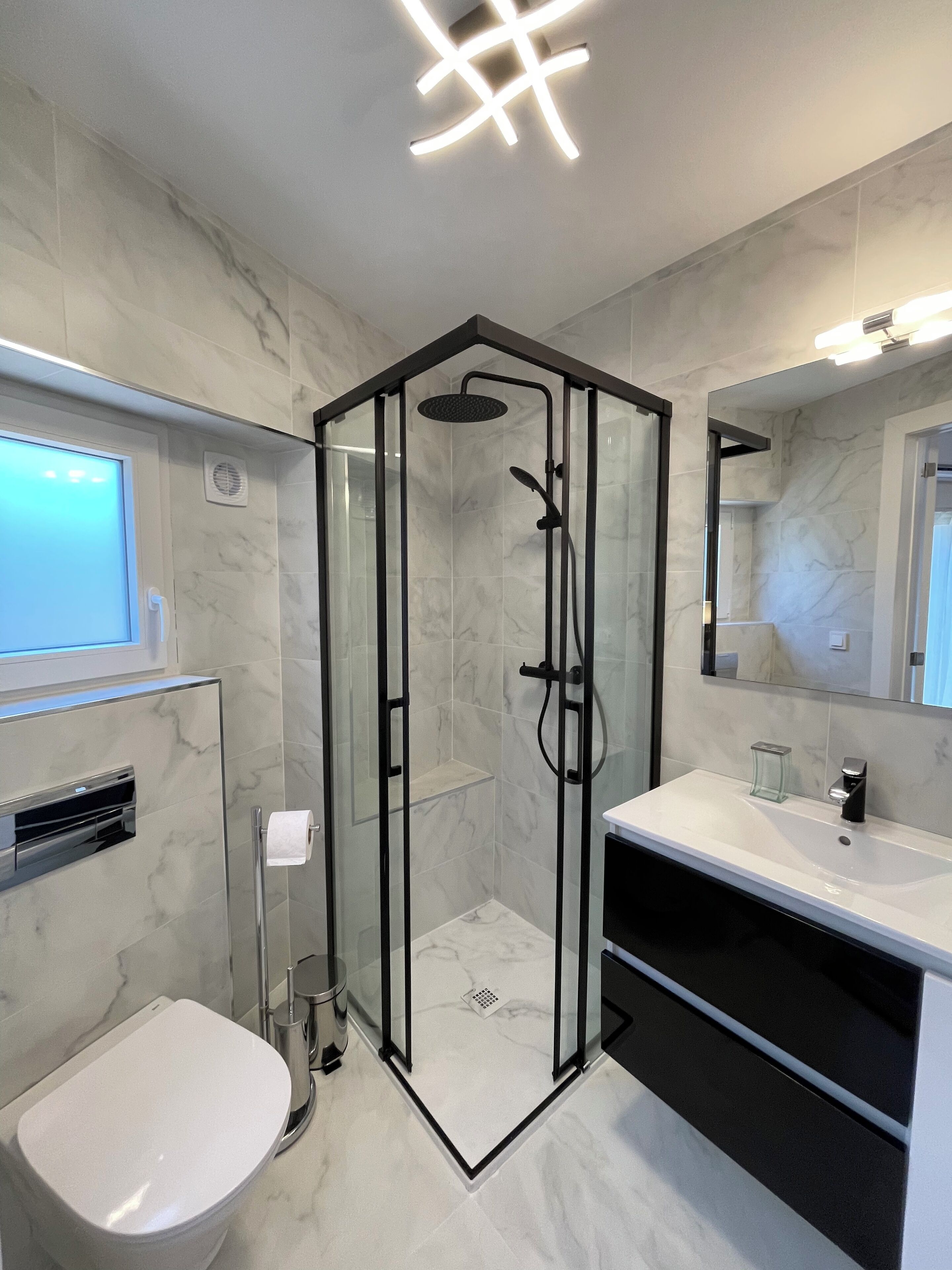 A modern bathroom with a glass-enclosed shower, a white sink, and a toilet.