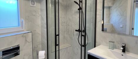A modern bathroom with a glass-enclosed shower, a white sink, and a toilet.