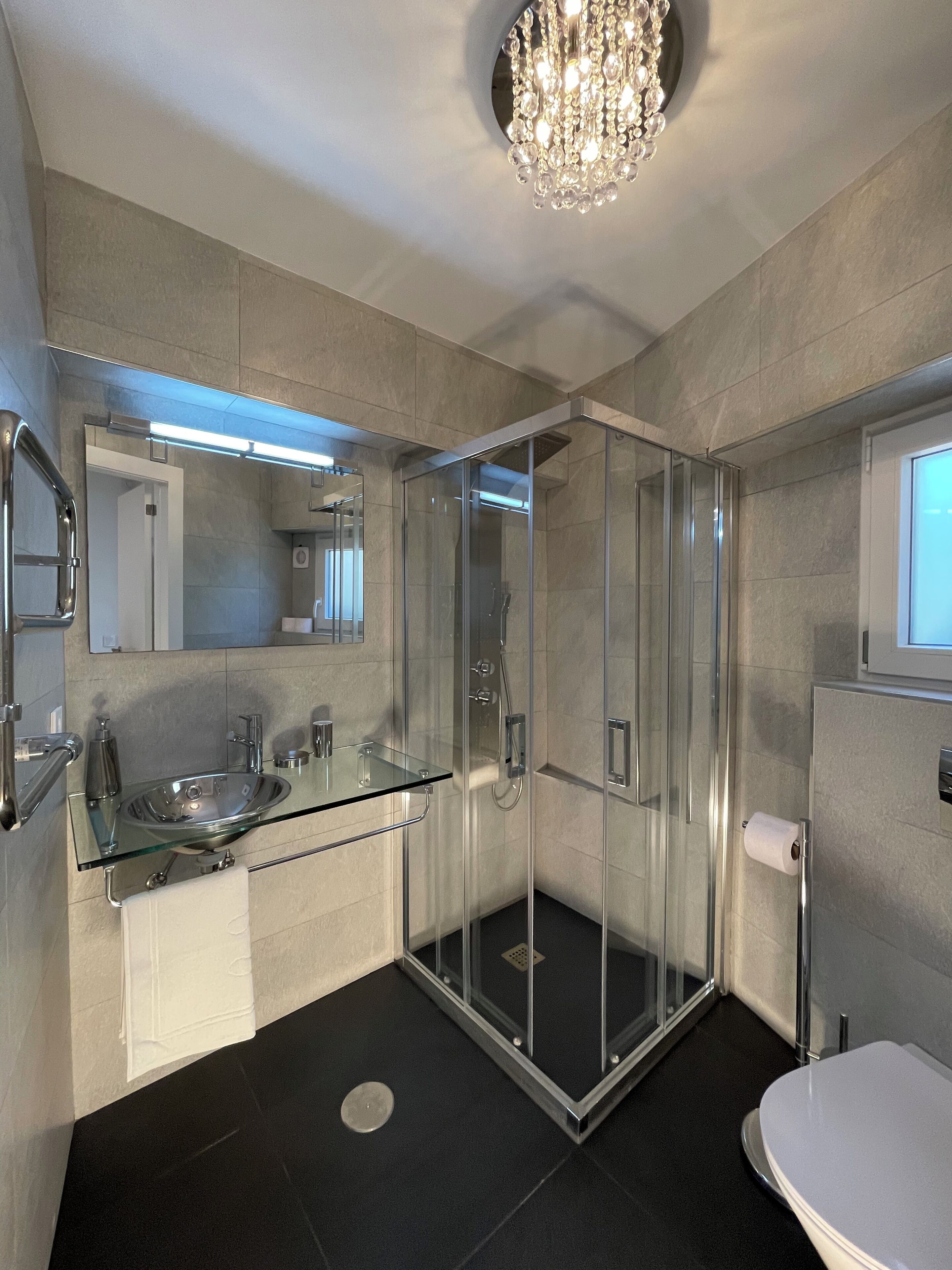 A modern bathroom with a glass-enclosed shower, a glass sink, and a toilet.