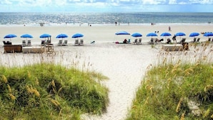 Una playa con hileras de sombrillas azules y sillones de playa.