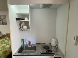 Fridge, stovetop, cookware/dishes/utensils
