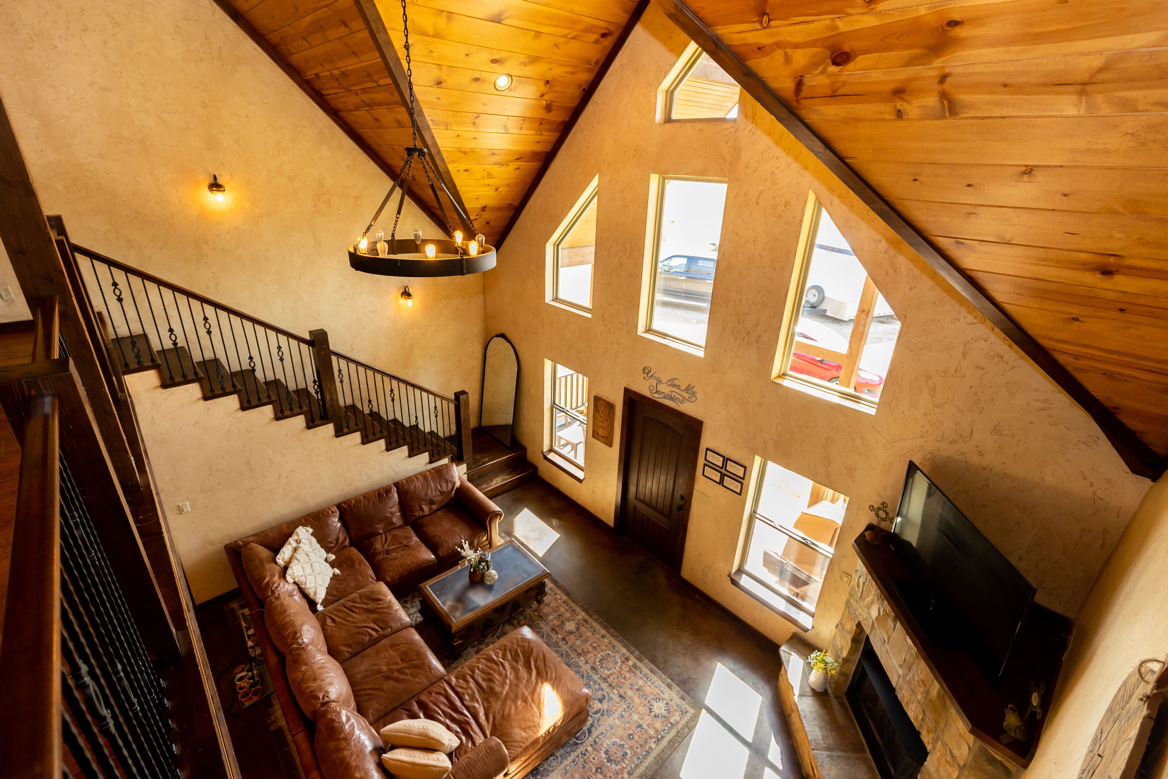 Smart TV, fireplace, table football, books