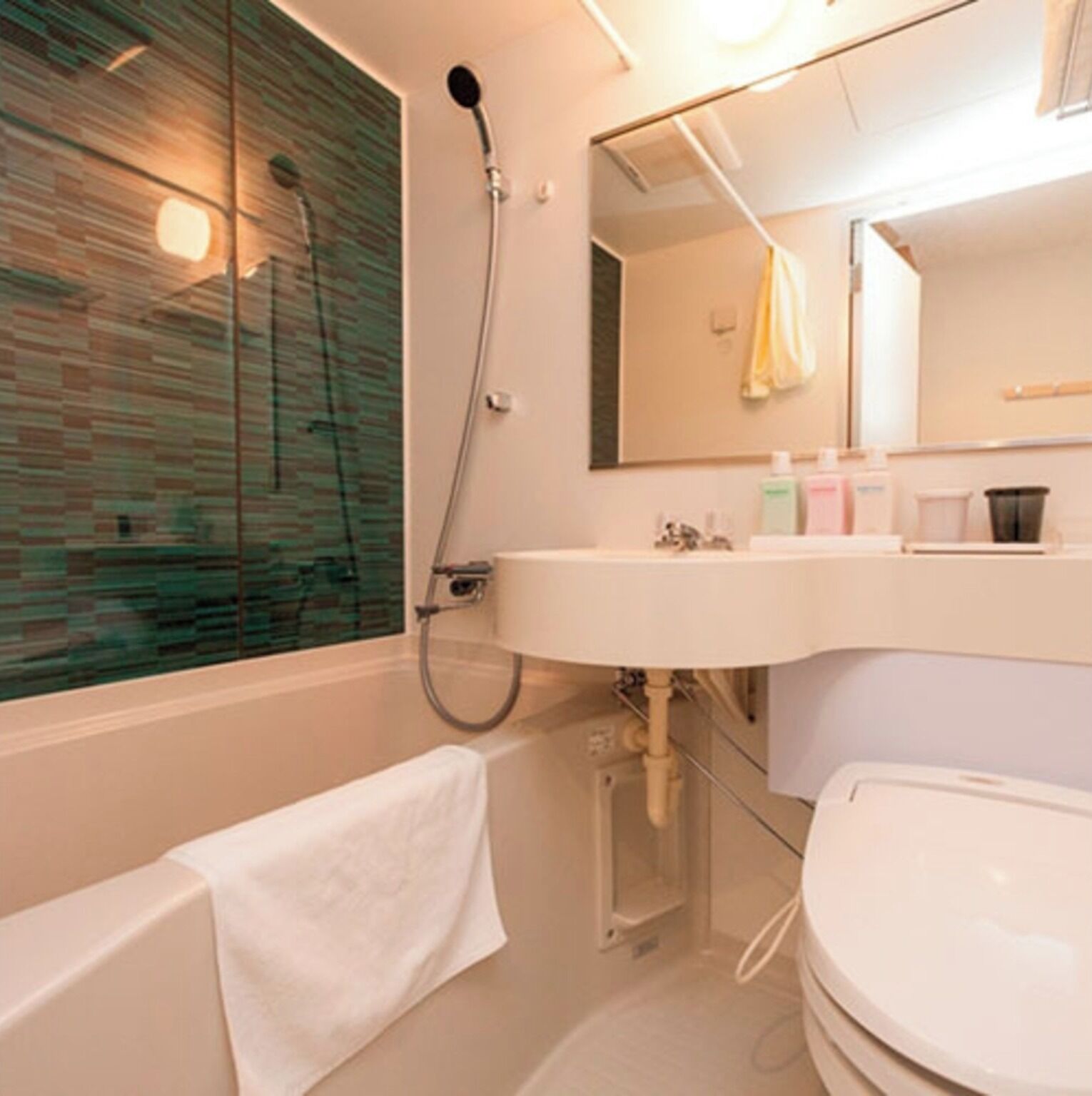 Hair dryer, towels, soap, shampoo