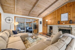 TV, fireplace, books, stereo