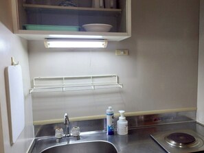Fridge, microwave, stovetop, cookware/dishes/utensils