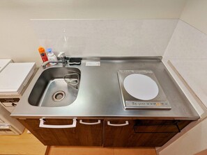 Fridge, microwave, stovetop, cookware/dishes/utensils