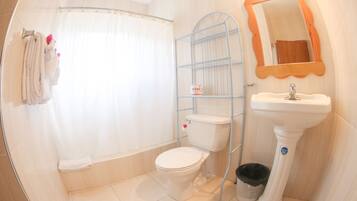 Une salle de bain équipée de toilettes, d’un lavabo, d’un rideau de douche et d’un miroir.