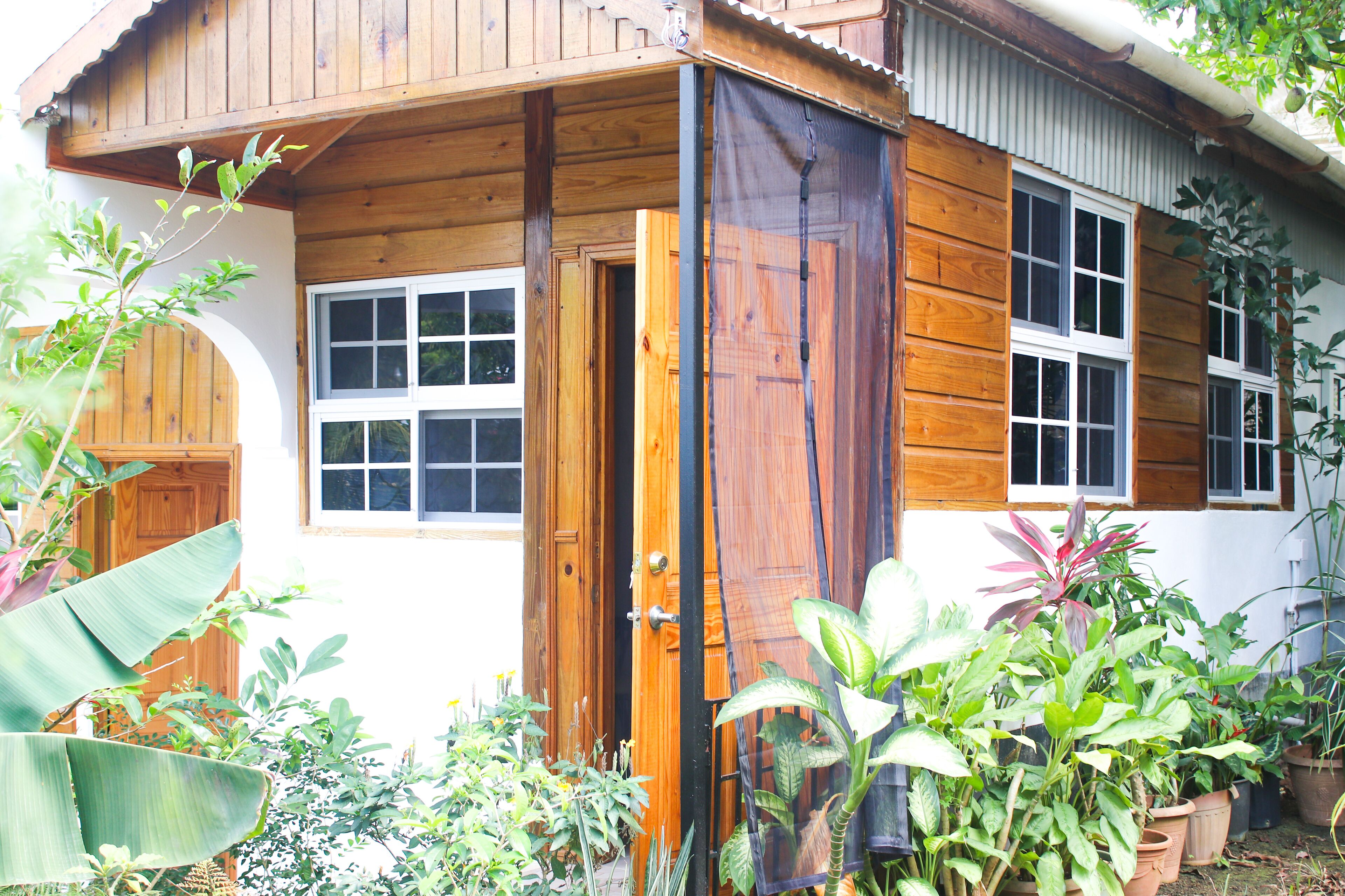 A wooden house with a large window and a door, surrounded by various potted plants.