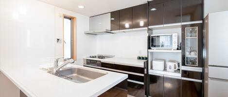 Fridge, microwave, stovetop, cookware/dishes/utensils