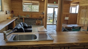 Fridge, microwave, stovetop, cookware/dishes/utensils