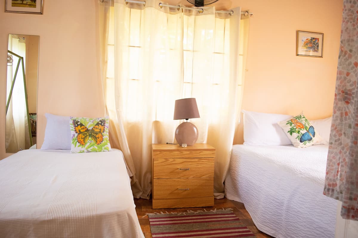 A bedroom with two beds, a nightstand with a lamp, and a window with curtains.