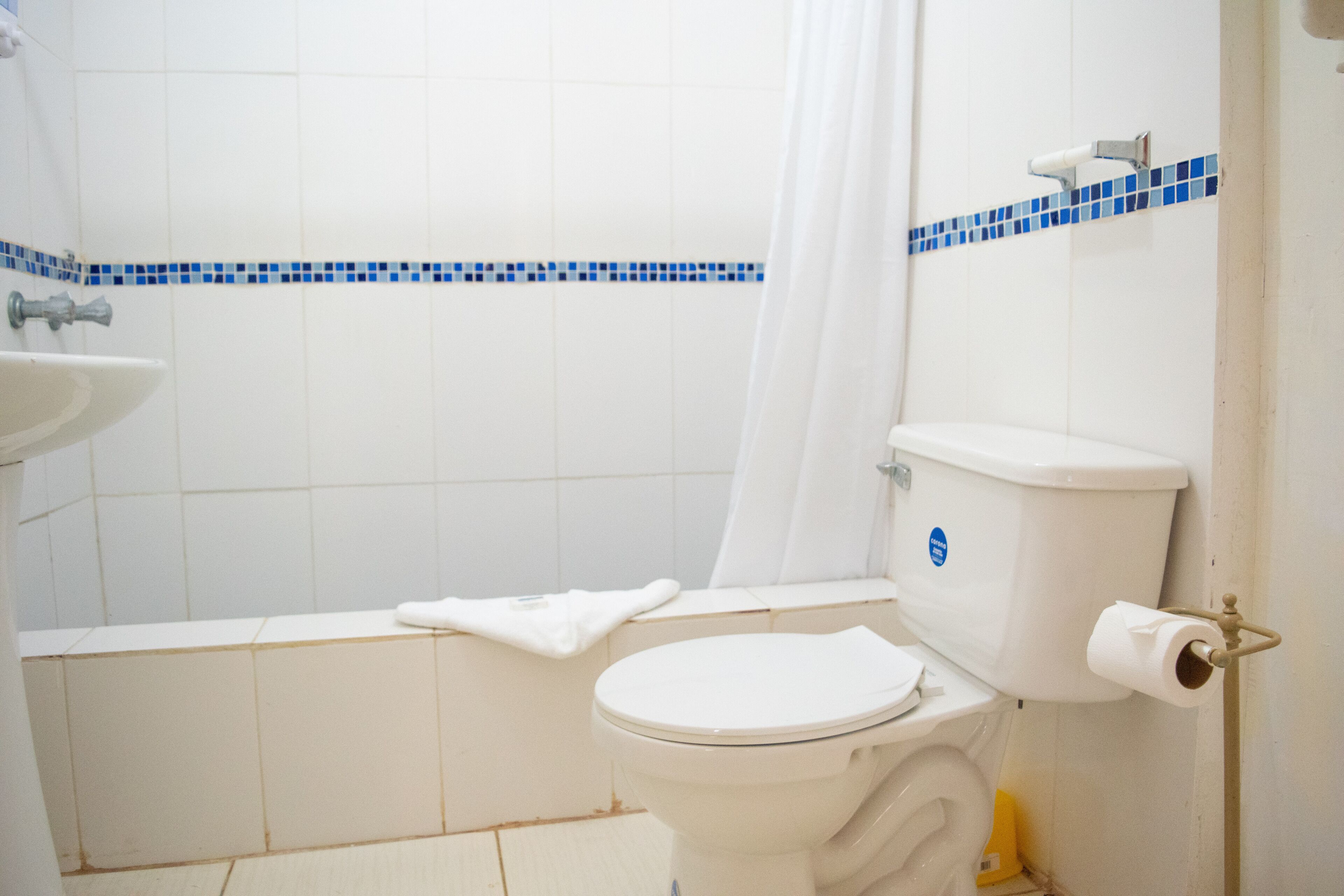 A bathroom with a toilet, a sink, and a shower curtain.