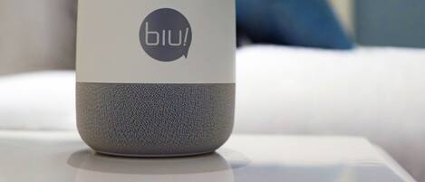 A small, modern, white and gray speaker with the logo "bii" on it.
