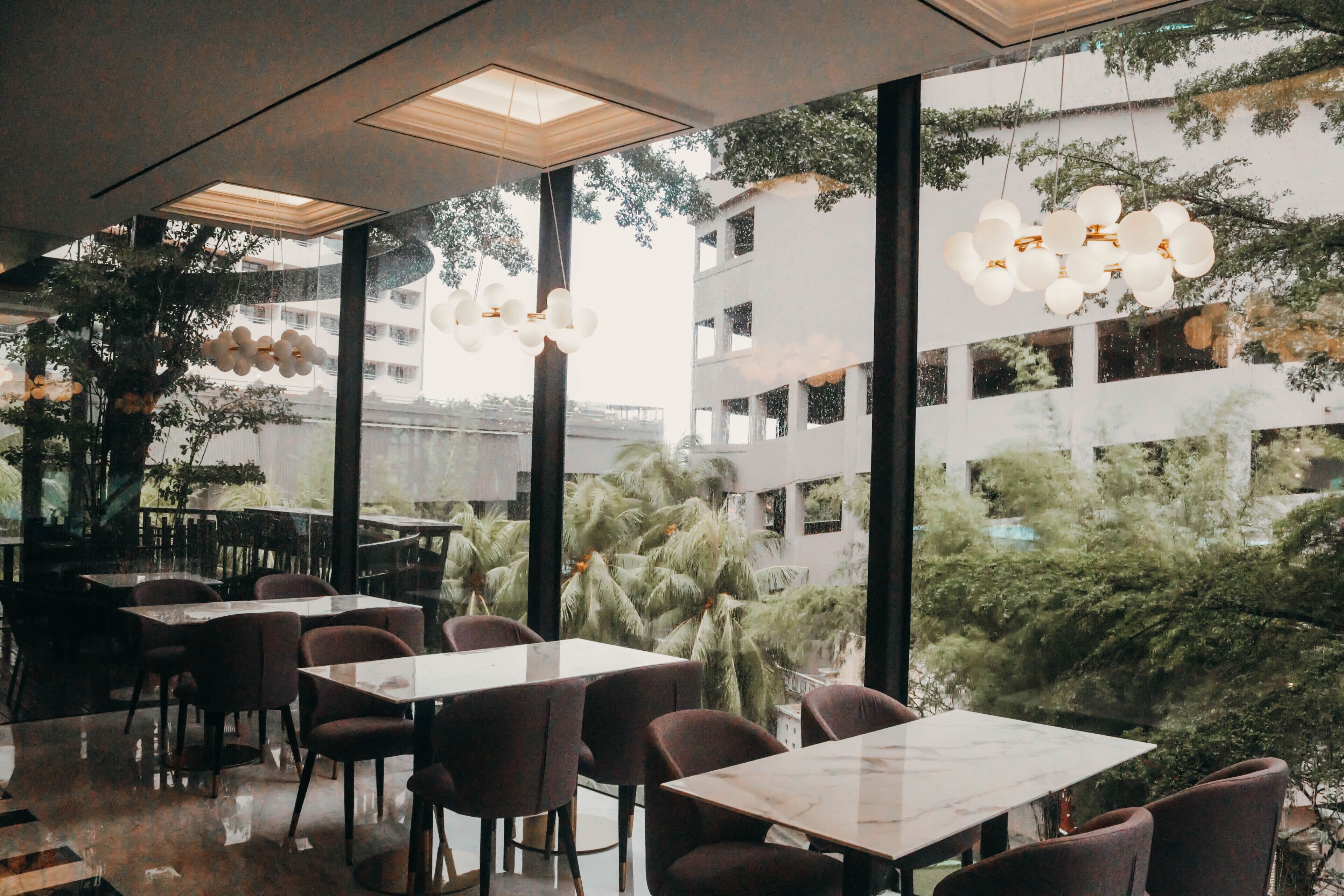 A modern restaurant with large windows, indoor plants, and a view of a building and trees.