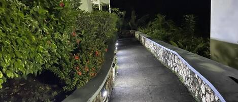 A nighttime pathway flanked by stone walls and lush greenery, leading to a building with a balcony.