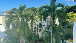 A residential area with multiple palm trees, a white building, and a clear blue sky. - Humming Bird Holiday Retreat (Ocho Rios)