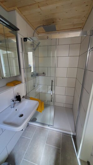 Hair dryer, towels, soap, shampoo