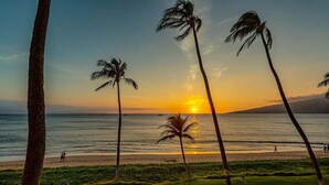 A sunset view with palm trees, a beach, and a grassy area with chairs.