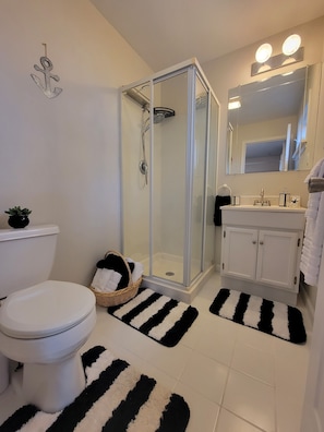 Shower, hair dryer, towels, soap