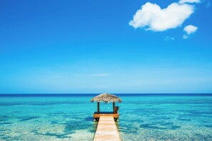 Une jetée en bois mène à une structure à toit de chaume, où se trouve une seule chaise, le tout surplombant une mer d’un bleu limpide.