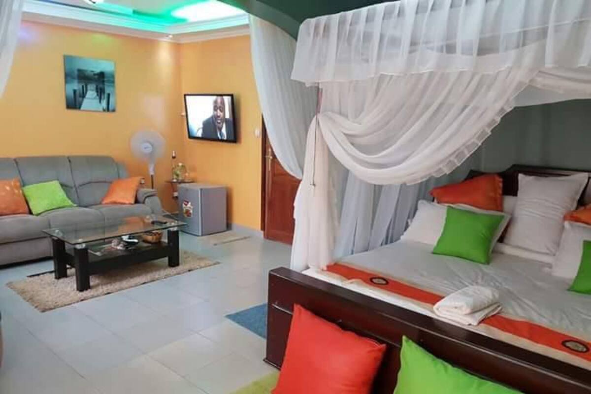 A bedroom with a canopy bed, a sofa, and a television.
