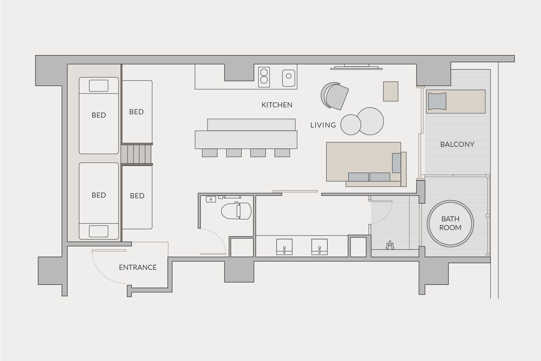 A floor plan of a hotel with three bedrooms, a kitchen, a living area, a balcony, and a bathroom.