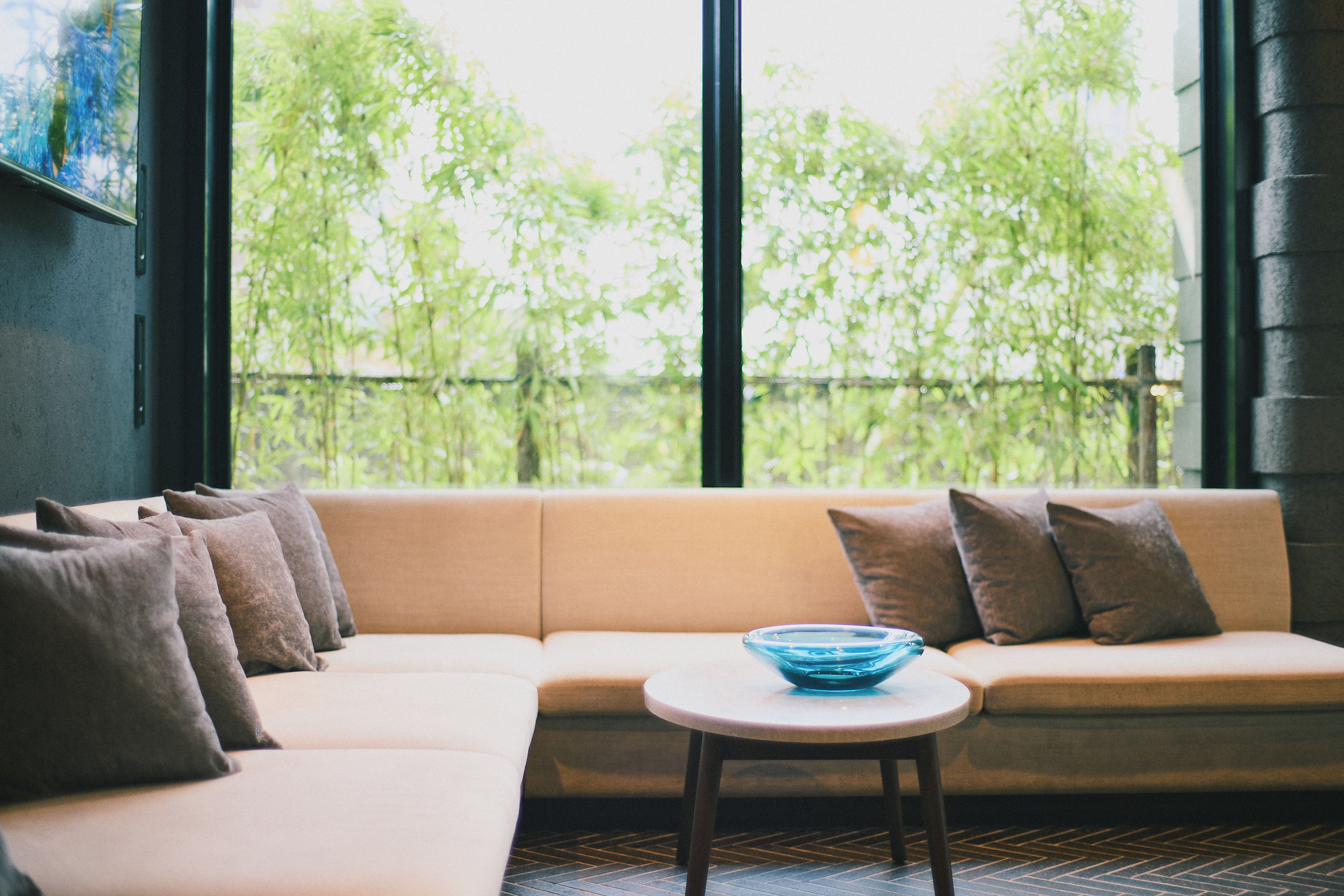 A modern living room with a sofa, a small round table, and a view of trees through large windows.
