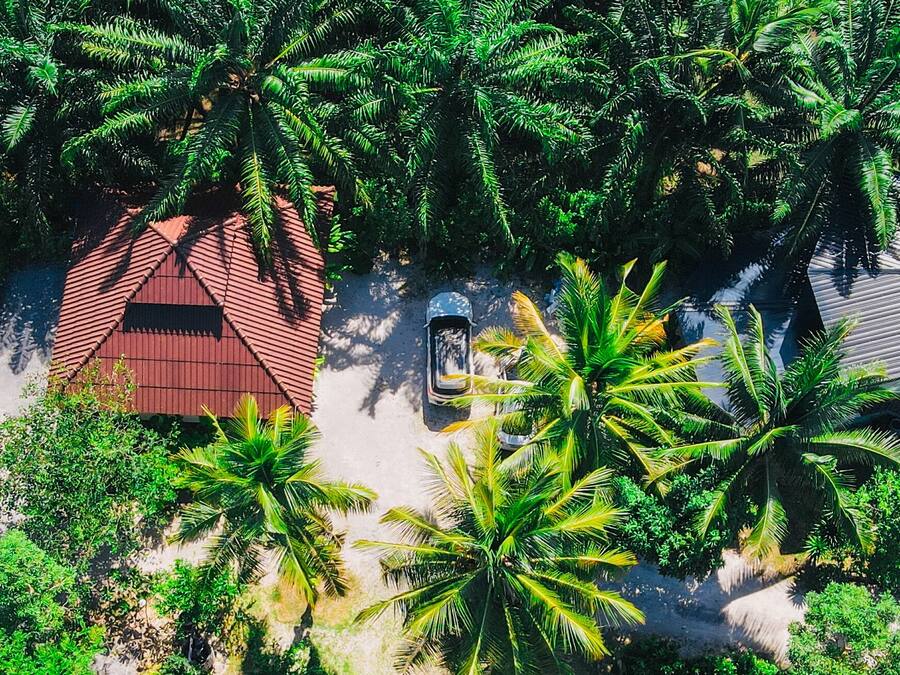 An aerial view of a resort with multiple buildings, palm trees, and a swimming pool.