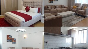 A bedroom with a bed, bedside tables, and a wardrobe. The image also shows a living room with a sofa, chairs, and a coffee table. The image also shows a dining area with a table and chairs. The image also shows a kitchen with a stove, sink, and cabinets. - crestpark apartments (Nairobi)