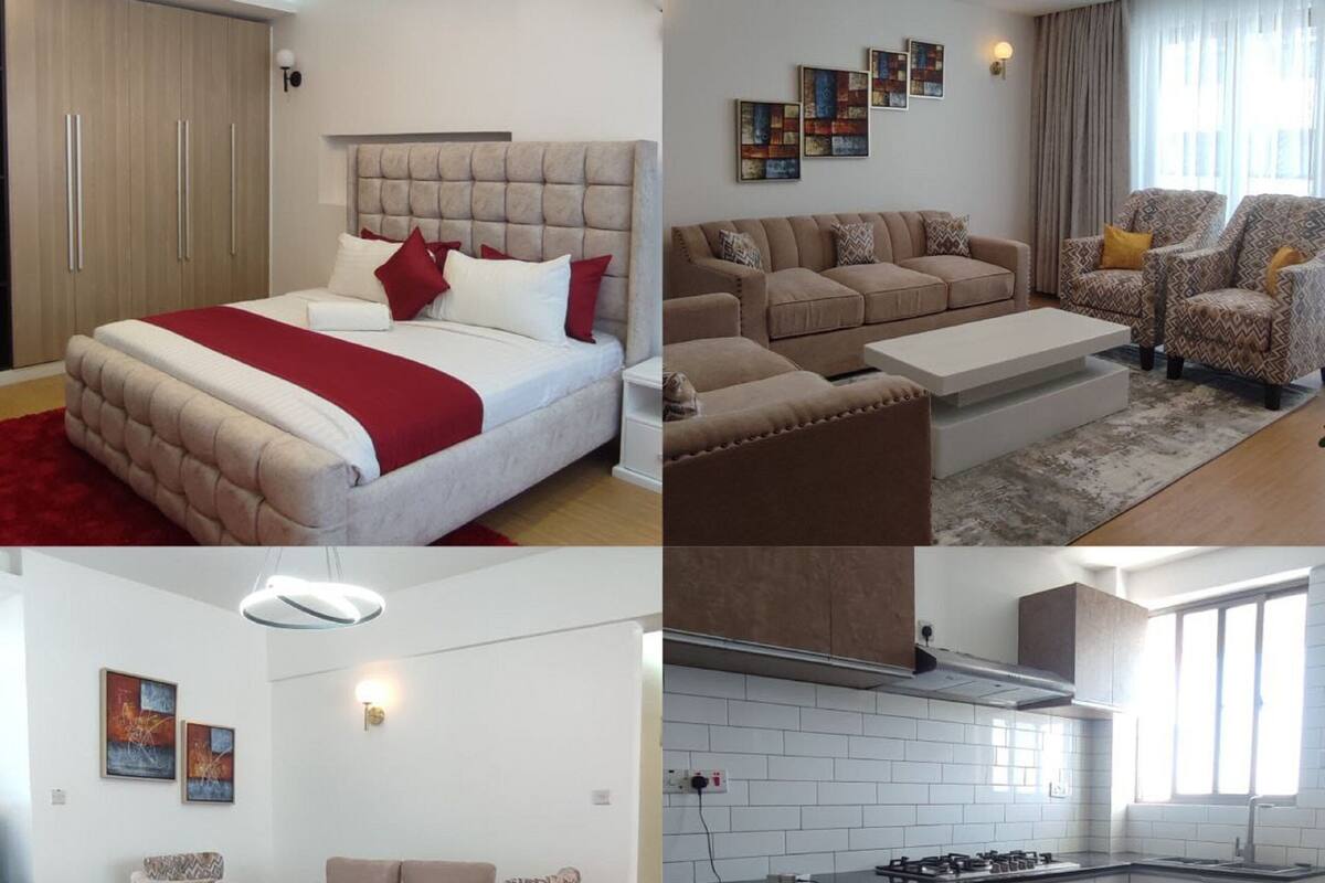 A bedroom with a bed, bedside tables, and a wardrobe. The image also shows a living room with a sofa, chairs, and a coffee table. The image also shows a dining area with a table and chairs. The image also shows a kitchen with a stove, sink, and cabinets.