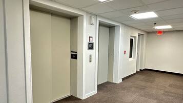 A hallway with three doors, each marked with an elevator sign, carpeted flooring, and fluorescent lighting.