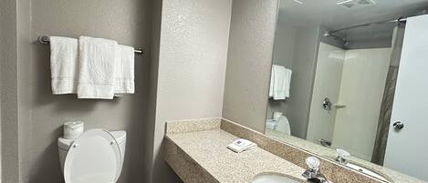 A bathroom with a toilet, sink, and mirror. There are towels hanging on the wall and a shower visible in the mirror reflection.