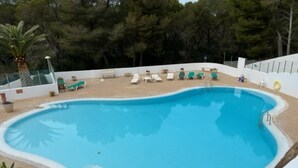 A swimming pool with lounge chairs and a palm tree. - Renovated apartment with beautiful view of the beach golf course 5 minutes away (IB)