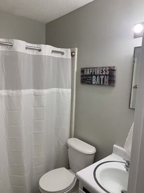 Hair dryer, towels, soap, shampoo